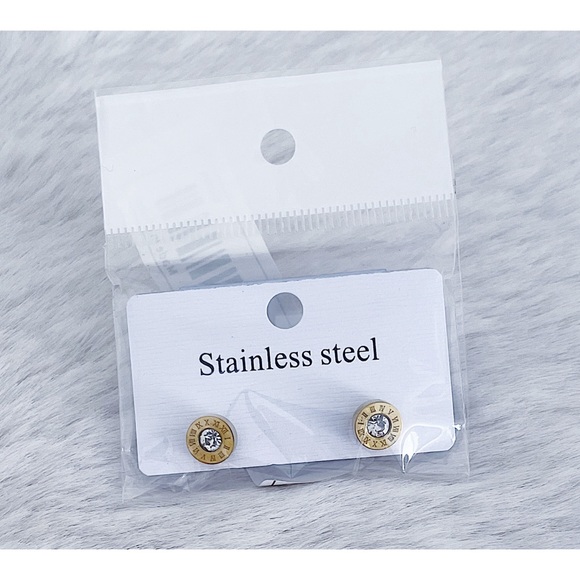 Stainless Steel Cubic Zirconia Round Stud Earrings - Picture 3 of 5